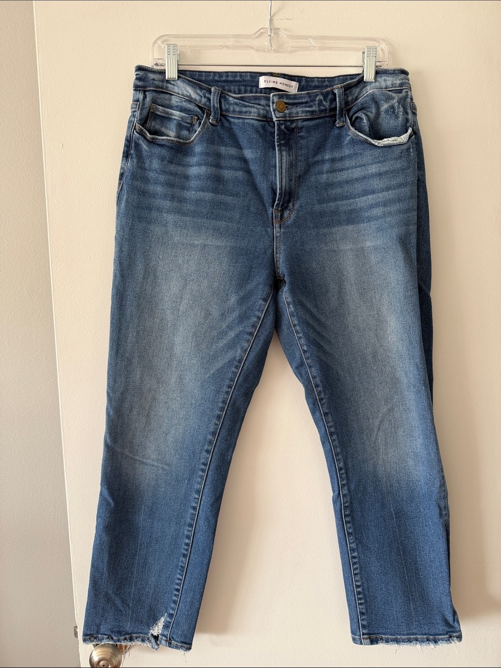 Flying Monkey Mid Rise Straight Leg Jeans Distressed Raw Hem Blue Size 31